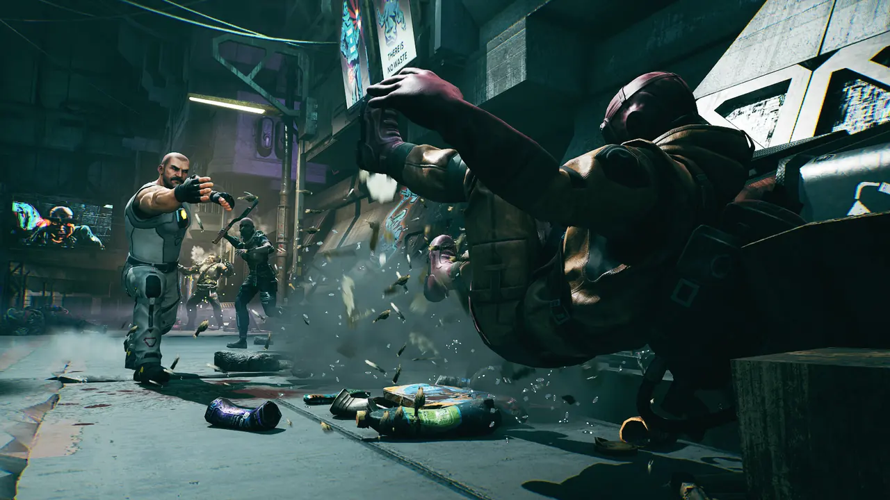 An armored enemy lunging at the player in a dim industrial corridor