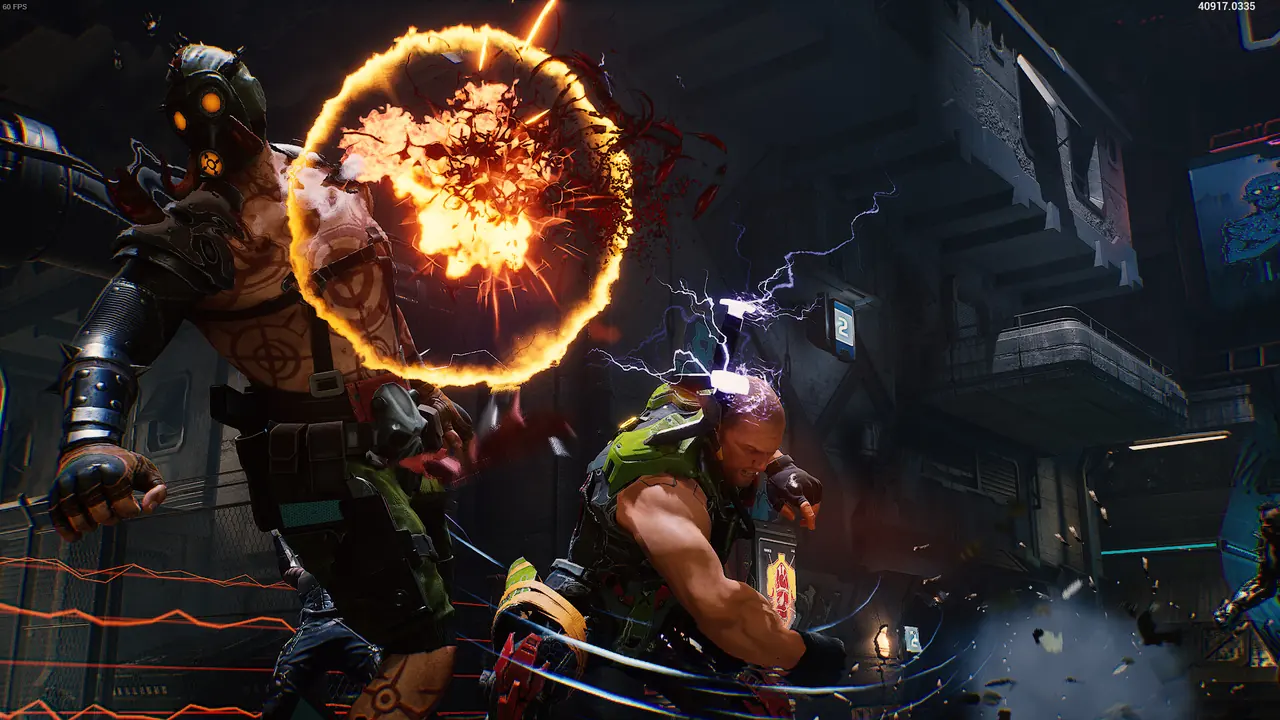 Close-quarters melee with a fire effect circling one fighter