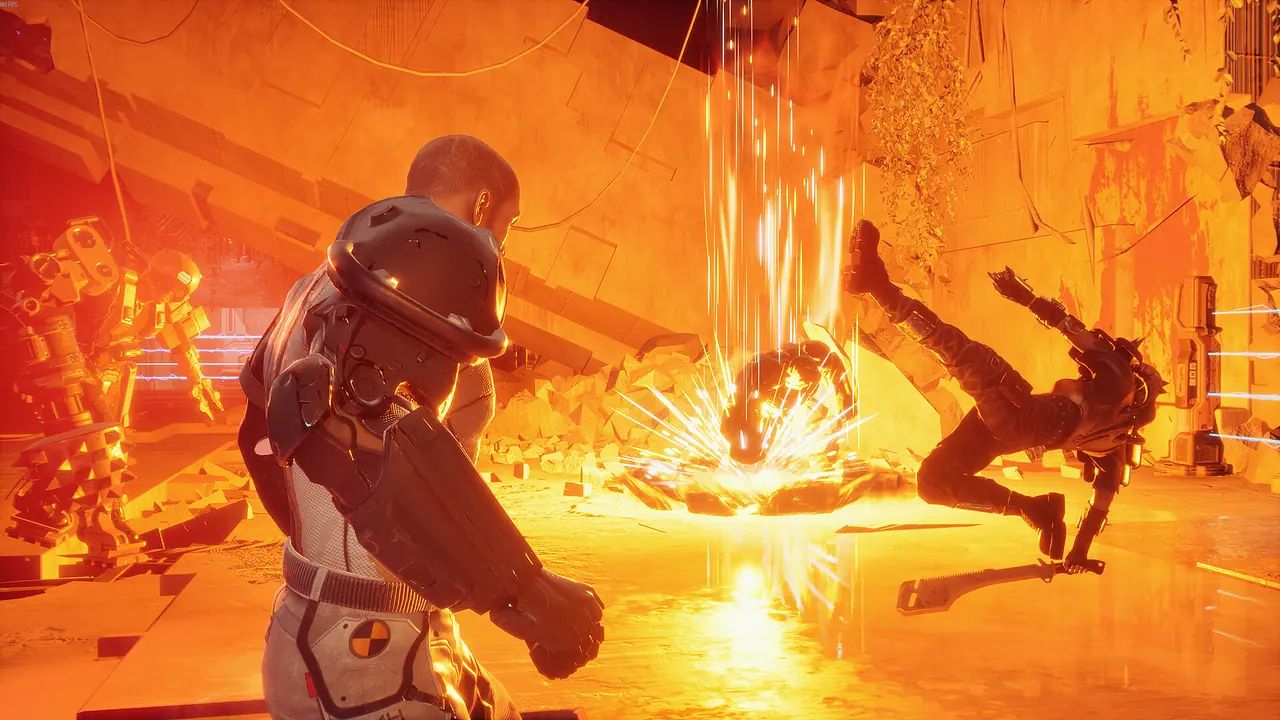 Fighters in a fire-lit arena with flames and an enemy being knocked back