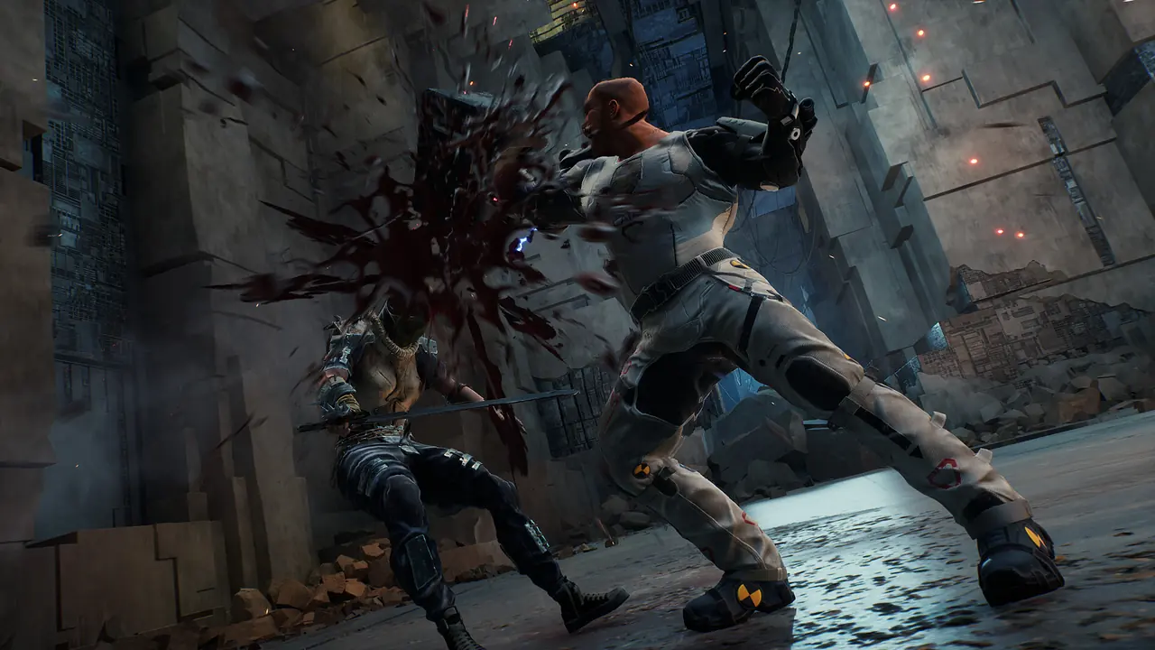 A player striking an enemy in a ruined concrete hall