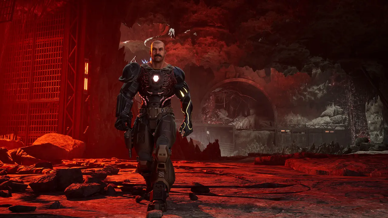 An armored figure standing in a large red-lit hall