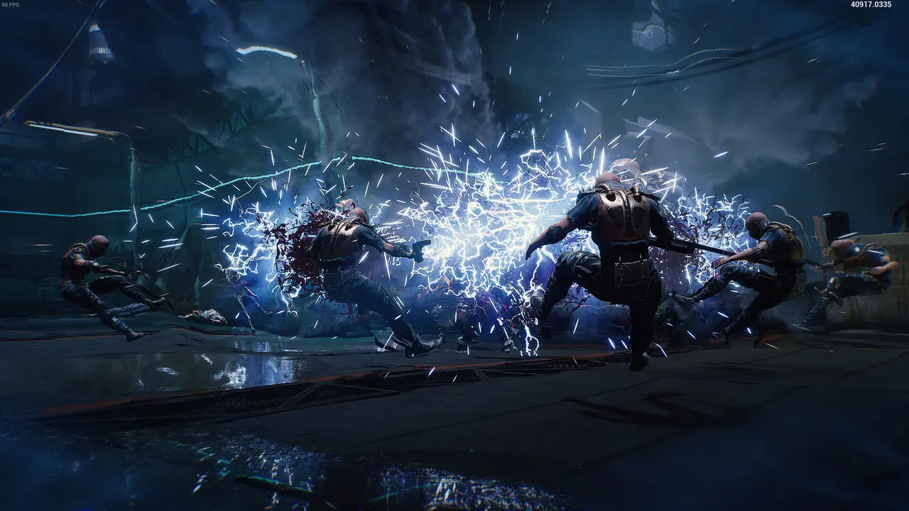 Blue electric discharge exploding among a crowd of fighters