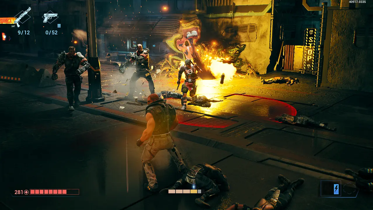 A gunfight in an industrial room with fire in the background and a health bar on the screen