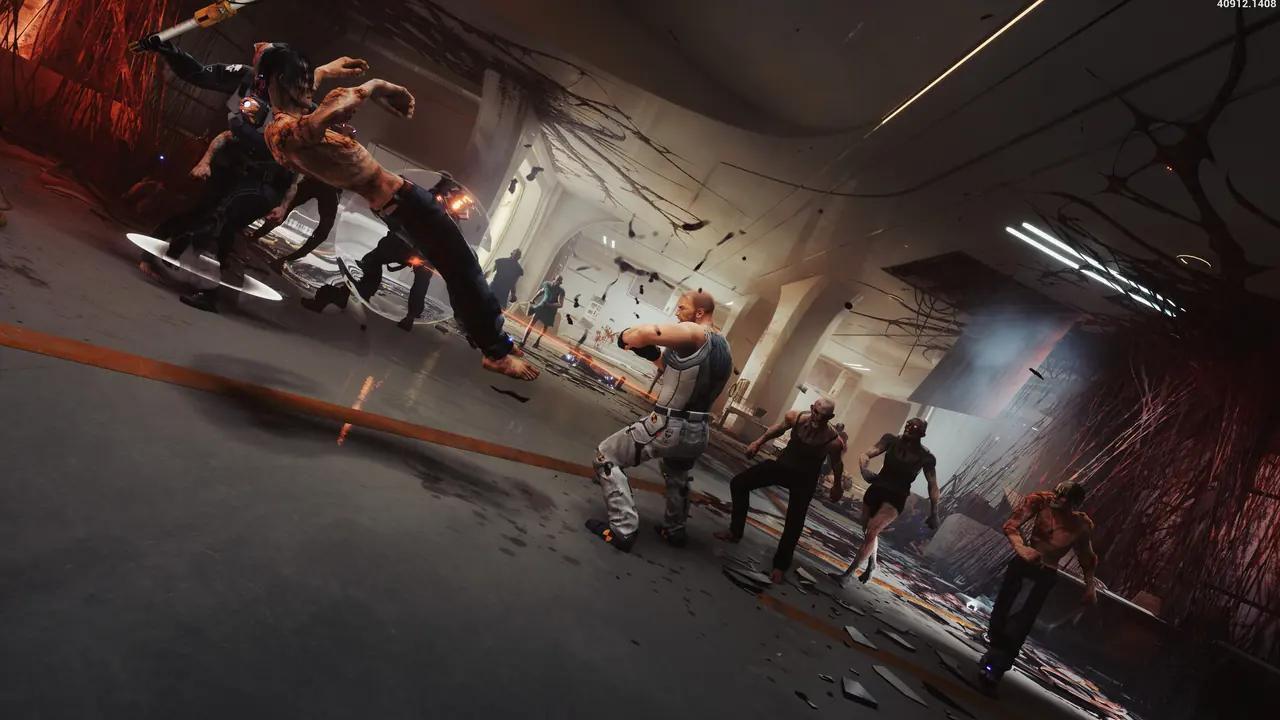 A wide shot of a large brawl in an industrial corridor with many fighters on screen