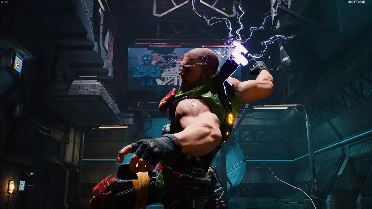 A muscular character with lightning arcing from one arm