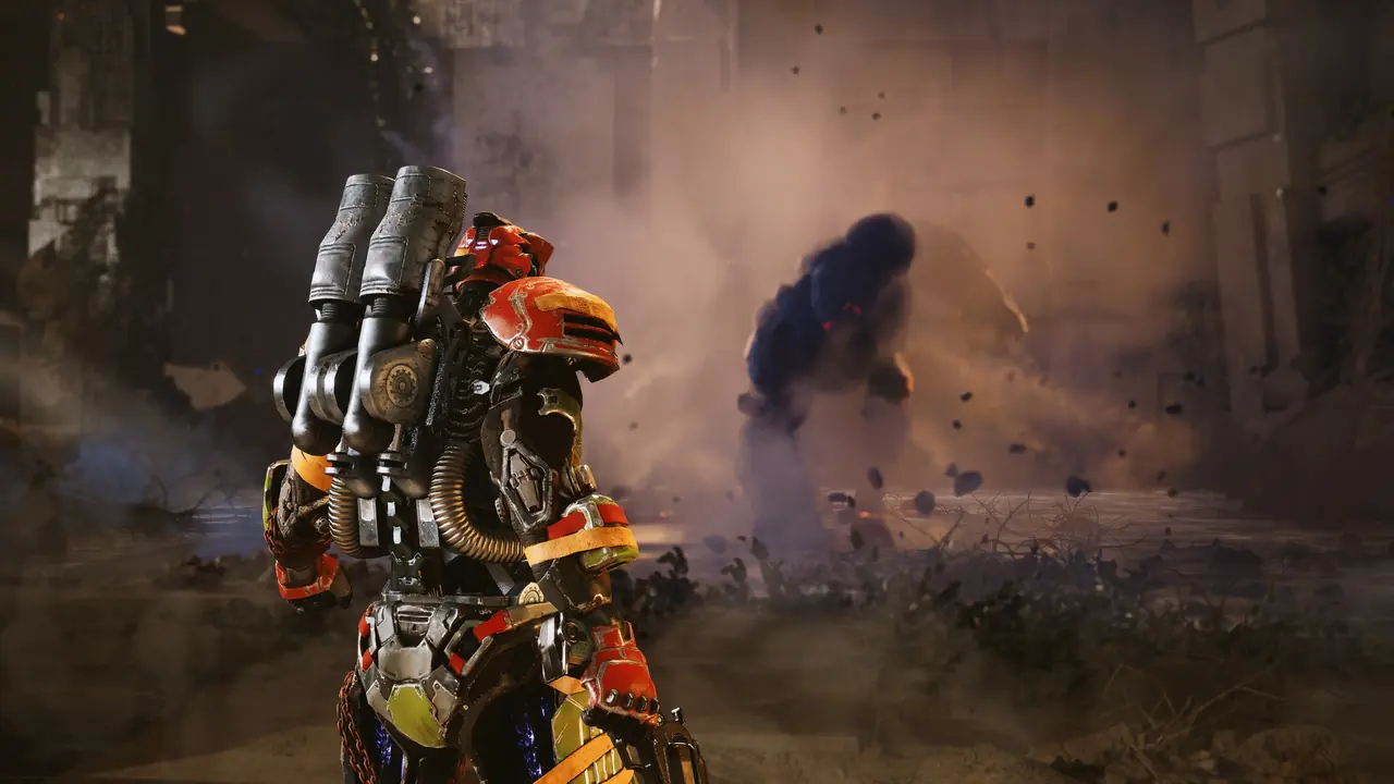 A large armored enemy with back-mounted pipes amid dust and an explosion