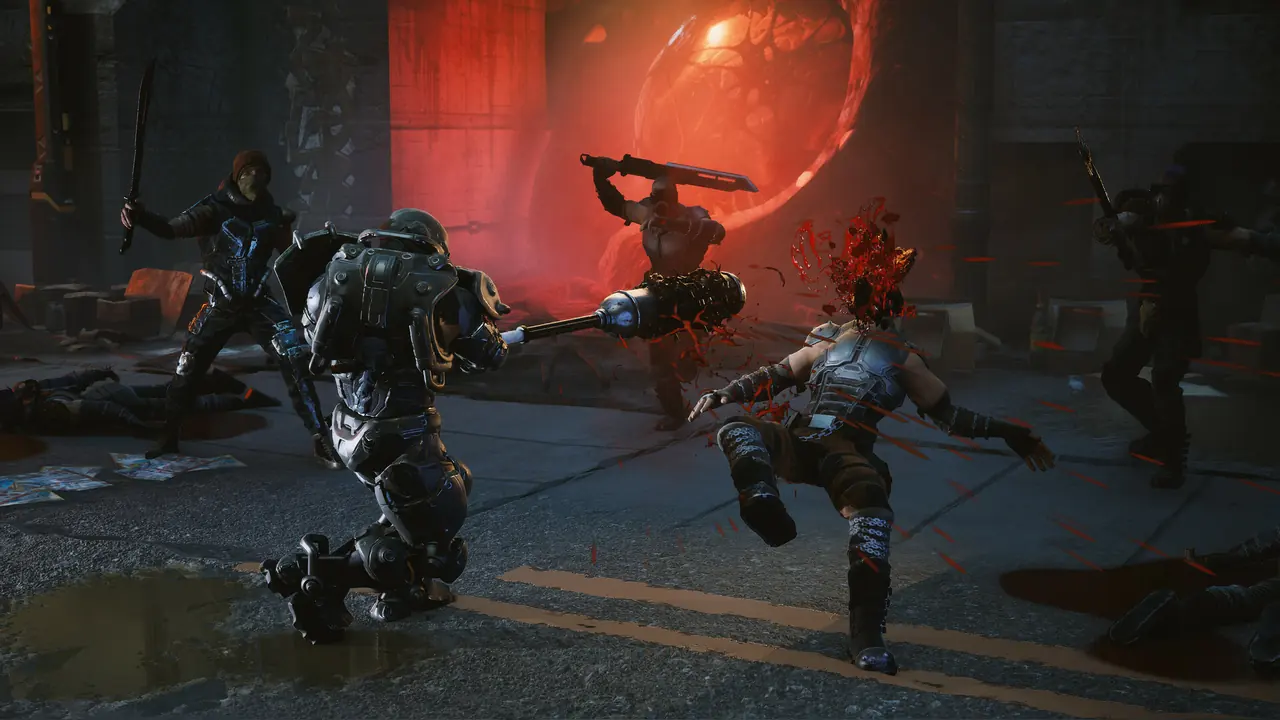 A melee fight in a red-lit area with several fighters around the player